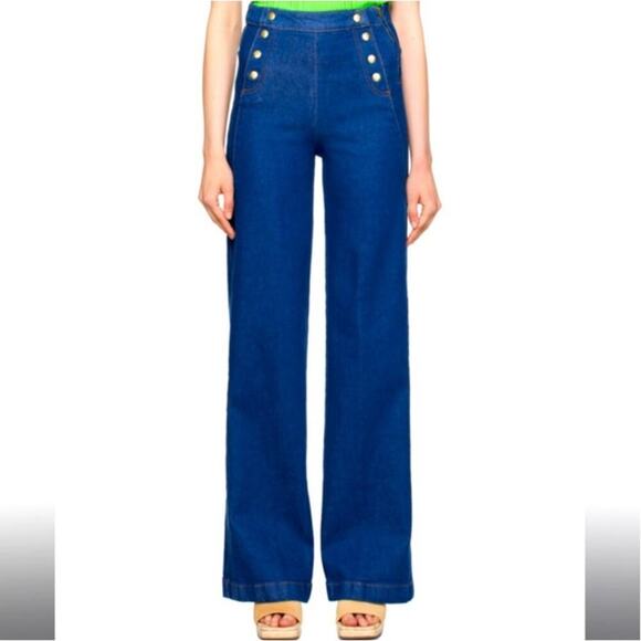 FRAME Sailor Snap High Rise Wide Leg Flared Denim Jeans Size 34 - Picture 2 of 16